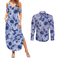 Mokihana Maile Ilima Leis Paniolo Palaka Couples Matching Summer Maxi Dress and Long Sleeve Button Shirt Hawaiian Polu Spirit LT9 Blue - Polynesian Pride