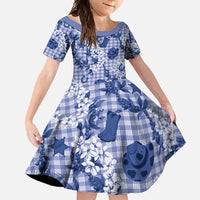 Mokihana Maile Ilima Leis Paniolo Palaka Family Matching Summer Maxi Dress and Hawaiian Shirt Hawaiian Polu Spirit LT9 Daughter's Dress Blue - Polynesian Pride