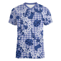 Mokihana Maile Ilima Leis Paniolo Palaka Women V-Neck T-Shirt Hawaiian Polu Spirit LT9 Female Blue - Polynesian Pride