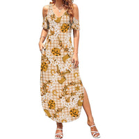 Mokihana Maile Ilima Leis Paniolo Palaka Family Matching Summer Maxi Dress and Hawaiian Shirt Hawaiian Kula Spirit LT9 Gold - Polynesian Pride