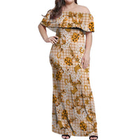 Mokihana Maile Ilima Leis Paniolo Palaka Off Shoulder Maxi Dress Hawaiian Kula Spirit - Polynesian Pride