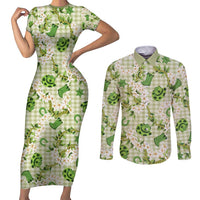 Mokihana Maile Ilima Leis Paniolo Palaka Couples Matching Short Sleeve Bodycon Dress and Long Sleeve Button Shirt Hawaiian Omaomo Ala Spirit LT9 Green - Polynesian Pride