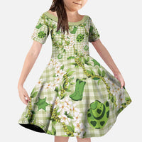 Mokihana Maile Ilima Leis Paniolo Palaka Family Matching Off Shoulder Maxi Dress and Hawaiian Shirt Hawaiian Omaomo Ala Spirit LT9 Daughter's Dress Green - Polynesian Pride