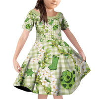 Mokihana Maile Ilima Leis Paniolo Palaka Family Matching Off Shoulder Short Dress and Hawaiian Shirt Hawaiian Omaomo Ala Spirit LT9 Daughter's Dress Green - Polynesian Pride