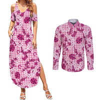 Mokihana Maile Ilima Leis Paniolo Palaka Couples Matching Summer Maxi Dress and Long Sleeve Button Shirt Hawaiian Omaomo Ulaula Spirit LT9 Pink - Polynesian Pride