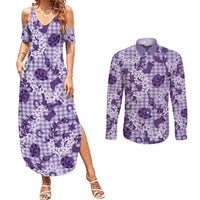 Mokihana Maile Ilima Leis Paniolo Palaka Couples Matching Summer Maxi Dress and Long Sleeve Button Shirt Hawaiian Poni Spirit LT9 Purple - Polynesian Pride