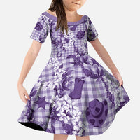 Mokihana Maile Ilima Leis Paniolo Palaka Family Matching Long Sleeve Bodycon Dress and Hawaiian Shirt Hawaiian Poni Spirit LT9 Daughter's Dress Purple - Polynesian Pride