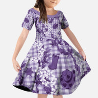 Mokihana Maile Ilima Leis Paniolo Palaka Family Matching Off Shoulder Maxi Dress and Hawaiian Shirt Hawaiian Poni Spirit LT9 Daughter's Dress Purple - Polynesian Pride