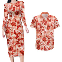 Mokihana Maile Ilima Leis Paniolo Palaka Couples Matching Long Sleeve Bodycon Dress and Hawaiian Shirt Hawaiian Ulaula Spirit LT9 Red - Polynesian Pride