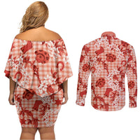 Mokihana Maile Ilima Leis Paniolo Palaka Couples Matching Off Shoulder Short Dress and Long Sleeve Button Shirt Hawaiian Ulaula Spirit - Polynesian Pride