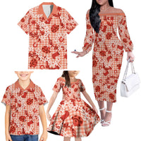 Mokihana Maile Ilima Leis Paniolo Palaka Family Matching Off The Shoulder Long Sleeve Dress and Hawaiian Shirt Hawaiian Ulaula Spirit - Polynesian Pride