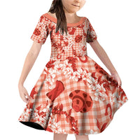Mokihana Maile Ilima Leis Paniolo Palaka Family Matching Off Shoulder Short Dress and Hawaiian Shirt Hawaiian Ulaula Spirit LT9 Daughter's Dress Red - Polynesian Pride