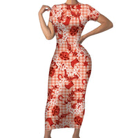 Mokihana Maile Ilima Leis Paniolo Palaka Short Sleeve Bodycon Dress Hawaiian Ulaula Spirit LT9 Long Dress Red - Polynesian Pride