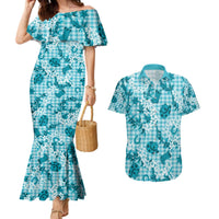 Mokihana Maile Ilima Leis Paniolo Palaka Couples Matching Mermaid Dress and Hawaiian Shirt Hawaiian Polu Opa Spirit LT9 Turquoise - Polynesian Pride