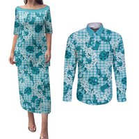 Mokihana Maile Ilima Leis Paniolo Palaka Couples Matching Puletasi and Long Sleeve Button Shirt Hawaiian Polu Opa Spirit LT9 Turquoise - Polynesian Pride