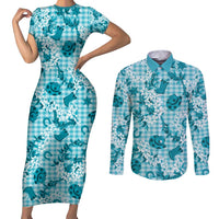 Mokihana Maile Ilima Leis Paniolo Palaka Couples Matching Short Sleeve Bodycon Dress and Long Sleeve Button Shirt Hawaiian Polu Opa Spirit LT9 Turquoise - Polynesian Pride