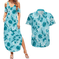 Mokihana Maile Ilima Leis Paniolo Palaka Couples Matching Summer Maxi Dress and Hawaiian Shirt Hawaiian Polu Opa Spirit LT9 Turquoise - Polynesian Pride
