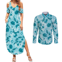 Mokihana Maile Ilima Leis Paniolo Palaka Couples Matching Summer Maxi Dress and Long Sleeve Button Shirt Hawaiian Polu Opa Spirit LT9 Turquoise - Polynesian Pride