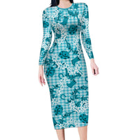 Mokihana Maile Ilima Leis Paniolo Palaka Family Matching Long Sleeve Bodycon Dress and Hawaiian Shirt Hawaiian Polu Opa Spirit LT9 Turquoise - Polynesian Pride