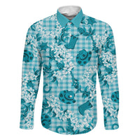 Mokihana Maile Ilima Leis Paniolo Palaka Family Matching Off Shoulder Maxi Dress and Hawaiian Shirt Hawaiian Polu Opa Spirit LT9 Dad's Shirt - Long Sleeve Turquoise - Polynesian Pride