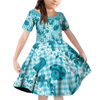 Mokihana Maile Ilima Leis Paniolo Palaka Family Matching Off Shoulder Short Dress and Hawaiian Shirt Hawaiian Polu Opa Spirit LT9 Daughter's Dress Turquoise - Polynesian Pride