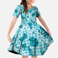 Mokihana Maile Ilima Leis Paniolo Palaka Family Matching Puletasi and Hawaiian Shirt Hawaiian Polu Opa Spirit LT9 Daughter's Dress Turquoise - Polynesian Pride