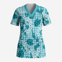 Mokihana Maile Ilima Leis Paniolo Palaka Scrub Top Hawaiian Polu Opa Spirit LT9 Adult Turquoise - Polynesian Pride