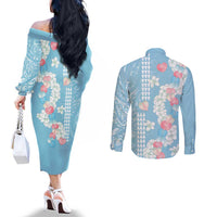Blue Hawaii Anthurium Plumeria Lei Couples Matching Off The Shoulder Long Sleeve Dress and Long Sleeve Button Shirt LT9 - Polynesian Pride