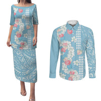 Blue Hawaii Anthurium Plumeria Lei Couples Matching Puletasi and Long Sleeve Button Shirt