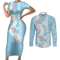 Blue Hawaii Anthurium Plumeria Lei Couples Matching Short Sleeve Bodycon Dress and Long Sleeve Button Shirt LT9 Blue - Polynesian Pride
