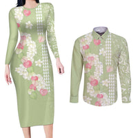 Leaf Green Hawaii Anthurium Plumeria Lei Couples Matching Long Sleeve Bodycon Dress and Long Sleeve Button Shirt