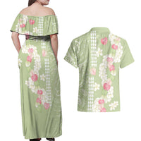 Leaf Green Hawaii Anthurium Plumeria Lei Couples Matching Off Shoulder Maxi Dress and Hawaiian Shirt
