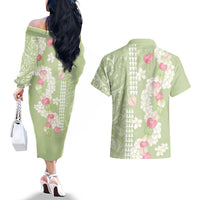 Leaf Green Hawaii Anthurium Plumeria Lei Couples Matching Off The Shoulder Long Sleeve Dress and Hawaiian Shirt LT9 - Polynesian Pride