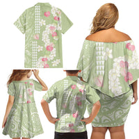 Leaf Green Hawaii Anthurium Plumeria Lei Family Matching Off Shoulder Short Dress and Hawaiian Shirt LT9 - Polynesian Pride