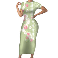 Leaf Green Hawaii Anthurium Plumeria Lei Short Sleeve Bodycon Dress
