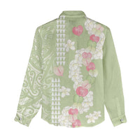 Leaf Green Hawaii Anthurium Plumeria Lei Women Casual Shirt