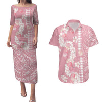 Soft Pink Hawaii Anthurium Plumeria Lei Couples Matching Puletasi and Hawaiian Shirt