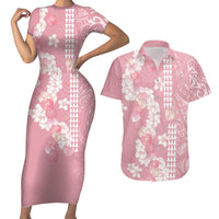 Soft Pink Hawaii Anthurium Plumeria Lei Couples Matching Short Sleeve Bodycon Dress and Hawaiian Shirt