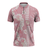 Soft Pink Hawaii Anthurium Plumeria Lei Zipper Polo Shirt