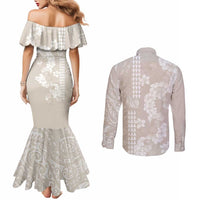 Suede Beige Hawaii Anthurium Plumeria Lei Couples Matching Mermaid Dress and Long Sleeve Button Shirt