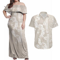 Suede Beige Hawaii Anthurium Plumeria Lei Couples Matching Off Shoulder Maxi Dress and Hawaiian Shirt LT9 Beige - Polynesian Pride
