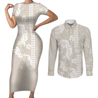 Suede Beige Hawaii Anthurium Plumeria Lei Couples Matching Short Sleeve Bodycon Dress and Long Sleeve Button Shirt
