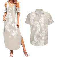 Suede Beige Hawaii Anthurium Plumeria Lei Couples Matching Summer Maxi Dress and Hawaiian Shirt