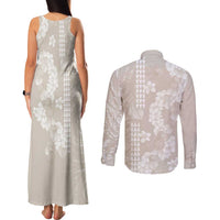 Suede Beige Hawaii Anthurium Plumeria Lei Couples Matching Tank Maxi Dress and Long Sleeve Button Shirt