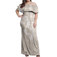 Suede Beige Hawaii Anthurium Plumeria Lei Off Shoulder Maxi Dress