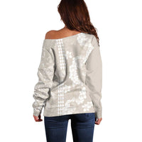 Suede Beige Hawaii Anthurium Plumeria Lei Off Shoulder Sweater