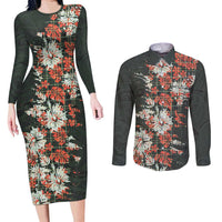 Hawaii Tartan With Hibiscus Couples Matching Long Sleeve Bodycon Dress and Long Sleeve Button Shirt Polynesian Pattern Vintage
