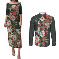Hawaii Tartan With Hibiscus Couples Matching Puletasi and Long Sleeve Button Shirt Polynesian Pattern Vintage