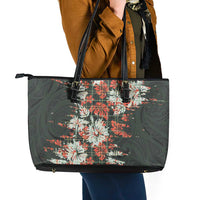 Hawaii Tartan With Hibiscus Leather Tote Bag Polynesian Pattern Vintage