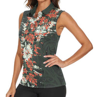 Hawaii Tartan With Hibiscus Women Sleeveless Polo Shirt Polynesian Pattern Vintage